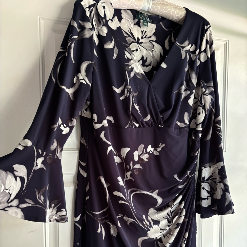 Ralph Lauren Navy and White Floral Dress with bell sleeves size 16